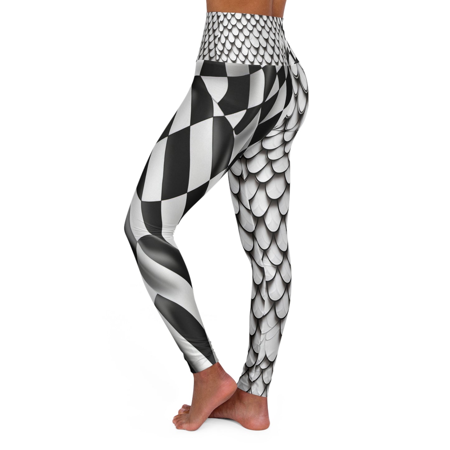 Checkered flag and white fish Scale High Waisted Yoga Leggings (AOP)