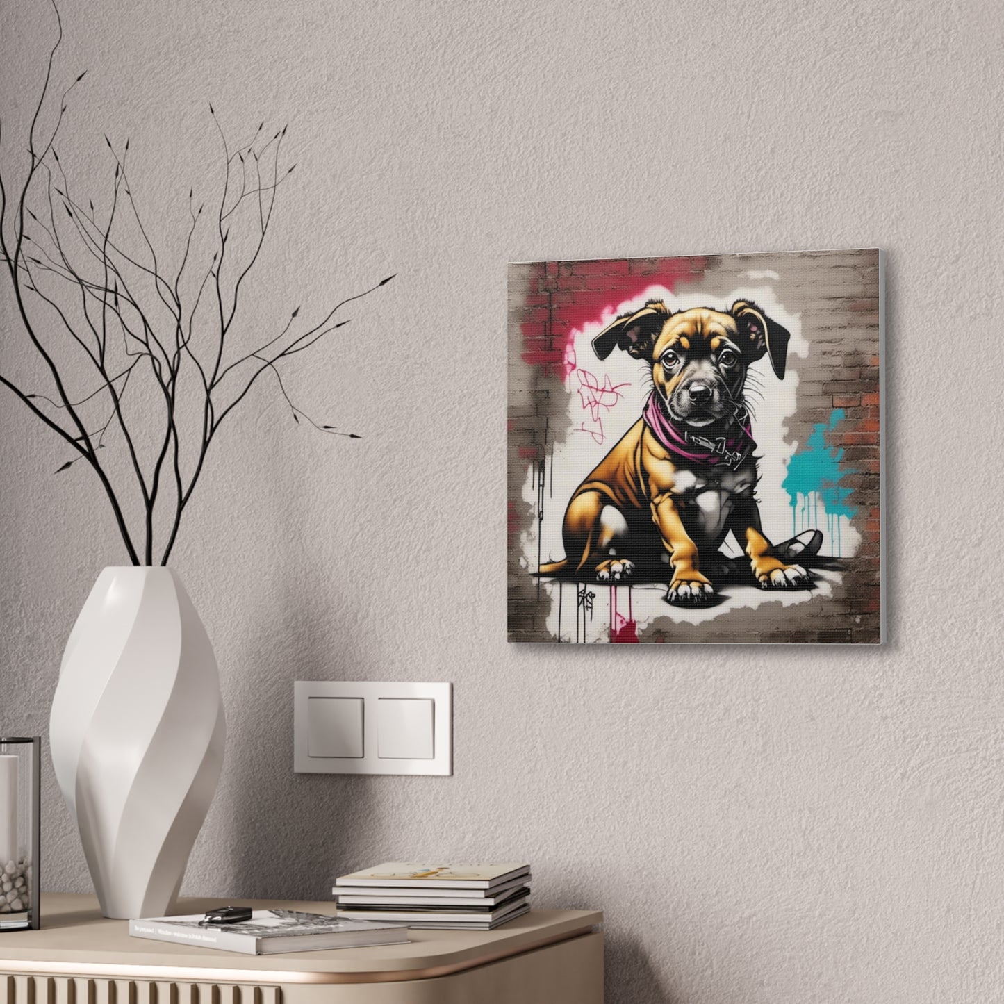 Dog, Sitting with Red and Teal Canvas Stretched, 0.75" - Various Sizes