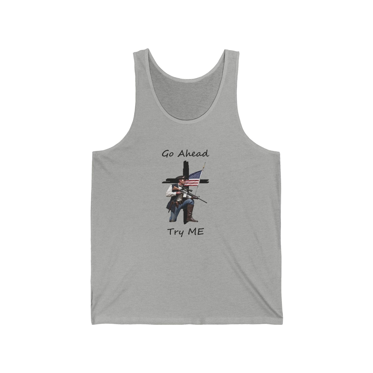 Go Ahead Try me Flag and Cross Unisex Jersey Tank