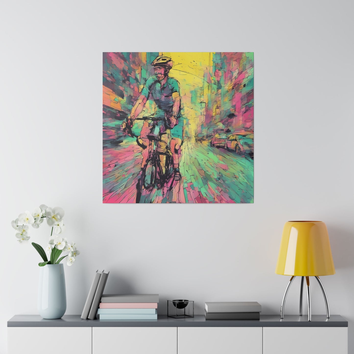 Man on bicycle in city Matte Canvas, Stretched, 0.75" - Various Sizes