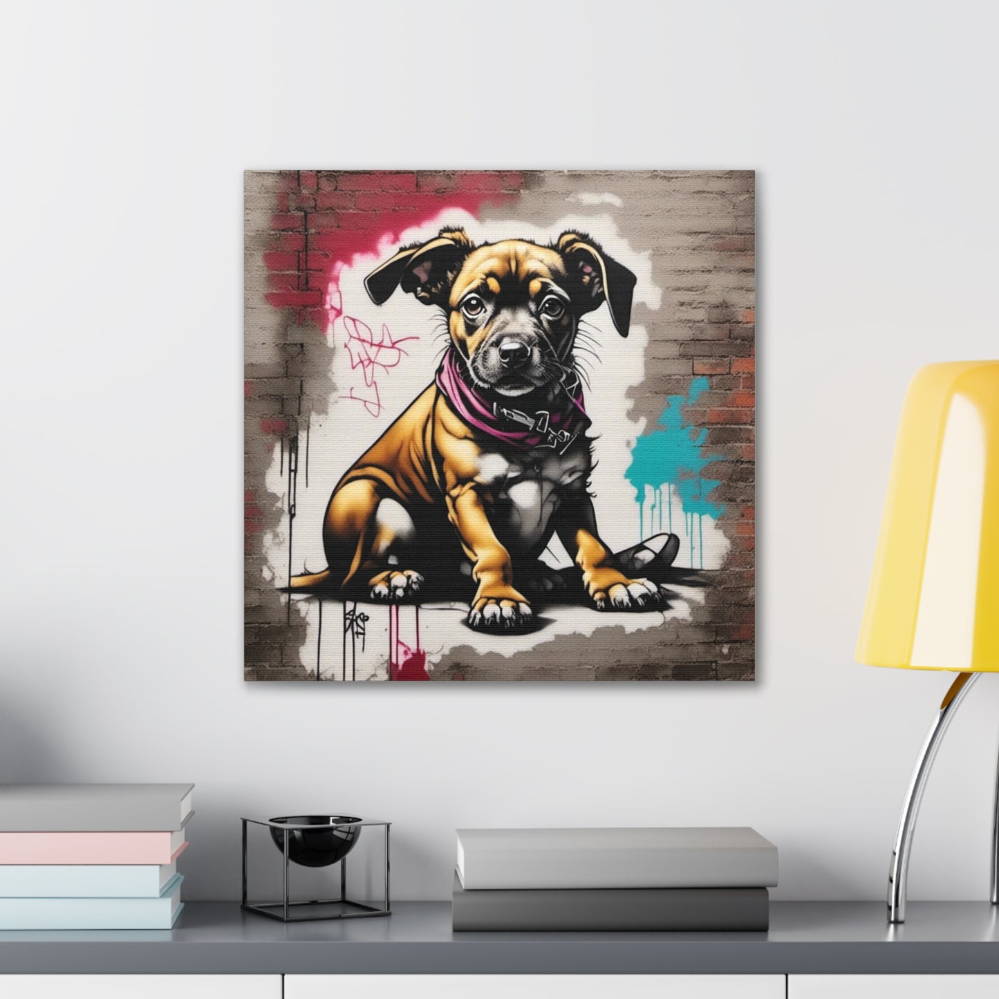 Dog, Sitting with Red and Teal Canvas Stretched, 0.75" - Various Sizes