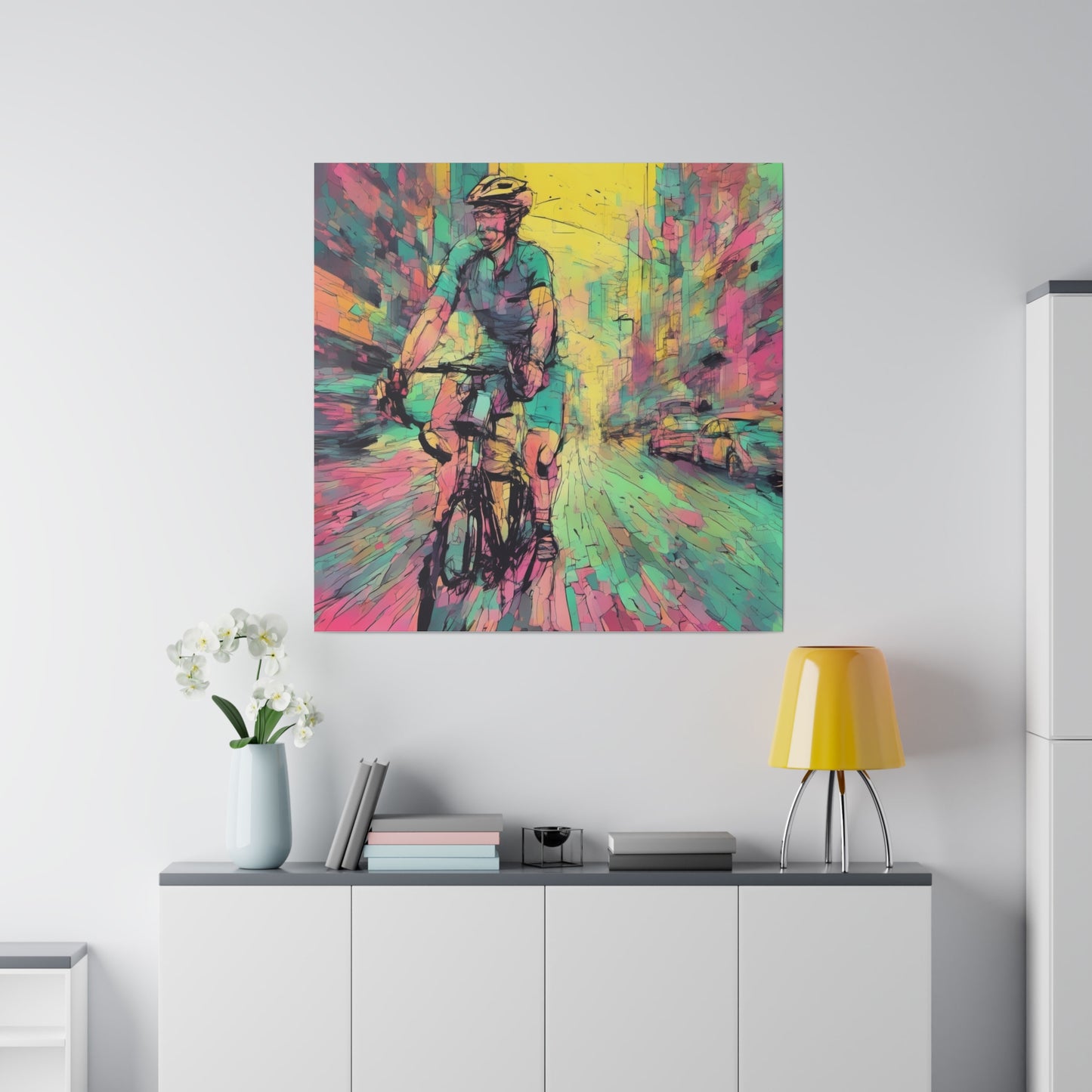 Man on bicycle in city Matte Canvas, Stretched, 0.75" - Various Sizes