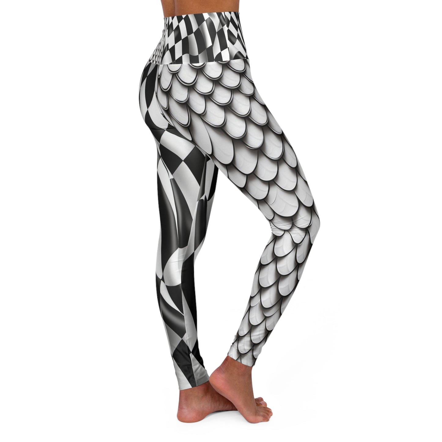 Checkered flag and white fish Scale High Waisted Yoga Leggings (AOP)