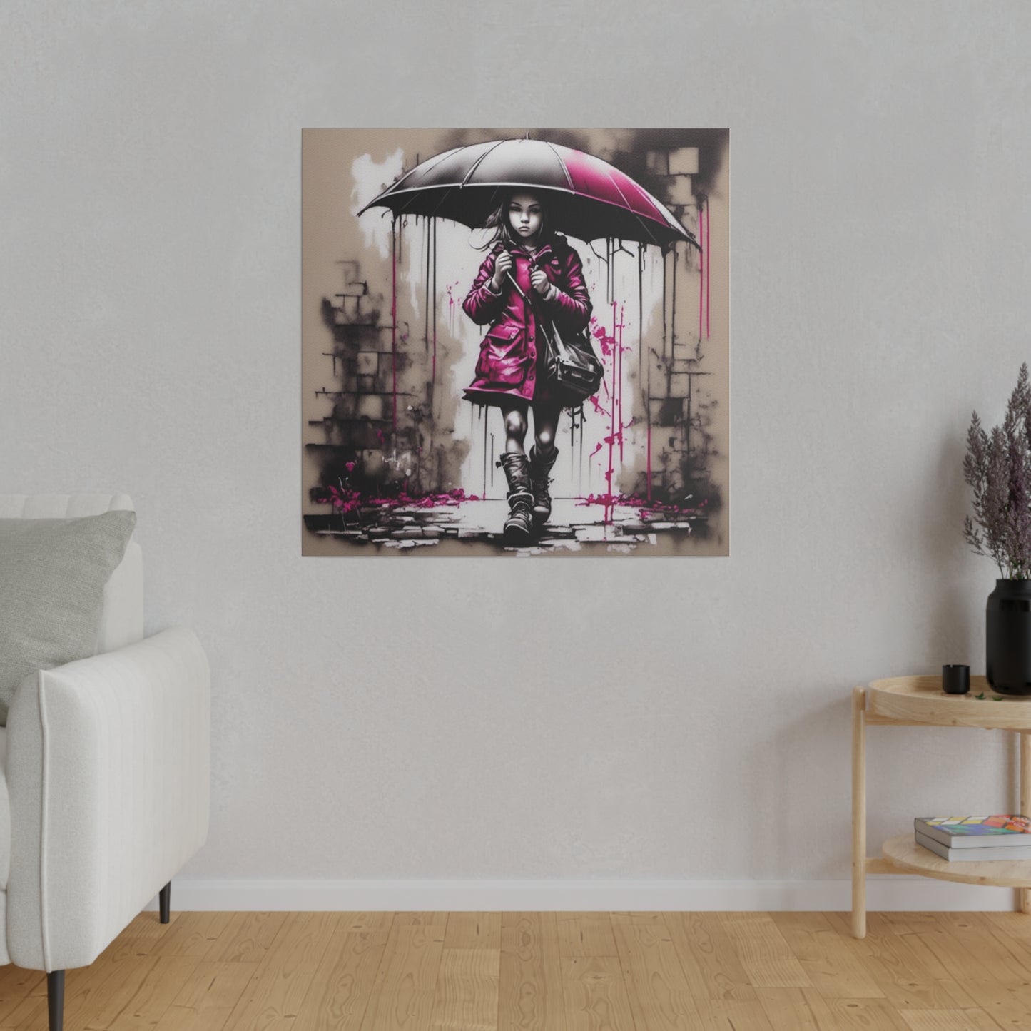 Girl in Pink with Umbrella Matte Canvas, Stretched, 0.75" - Various Sizes