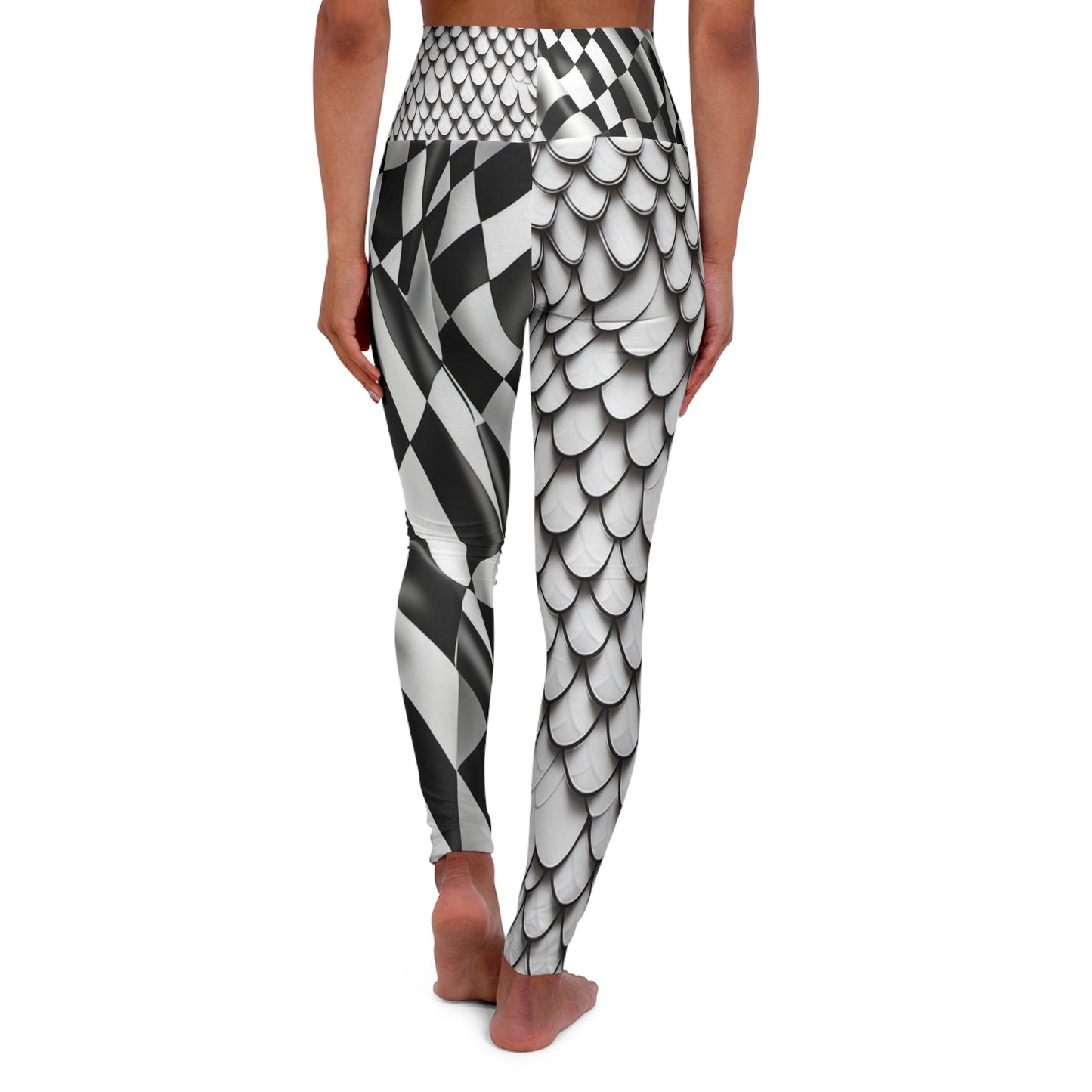 Checkered flag and white fish Scale High Waisted Yoga Leggings (AOP)