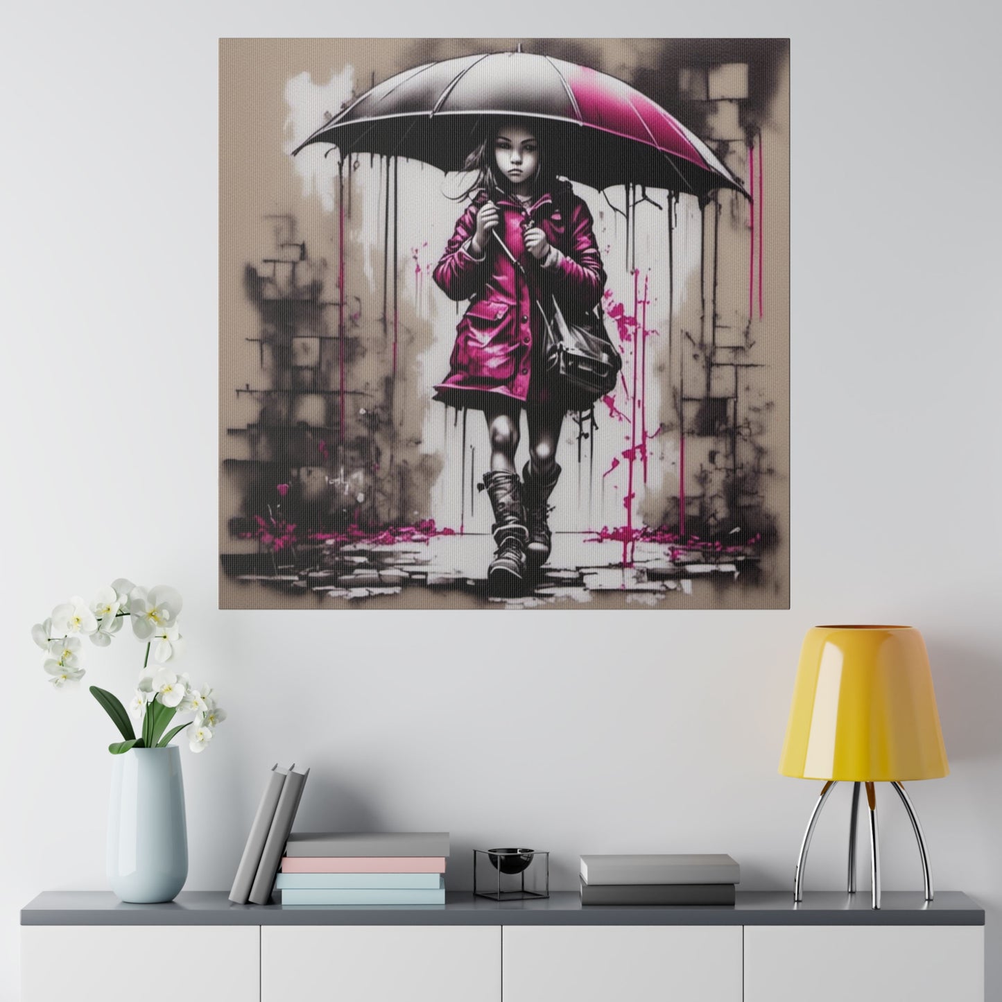 Girl in Pink with Umbrella Matte Canvas, Stretched, 0.75" - Various Sizes