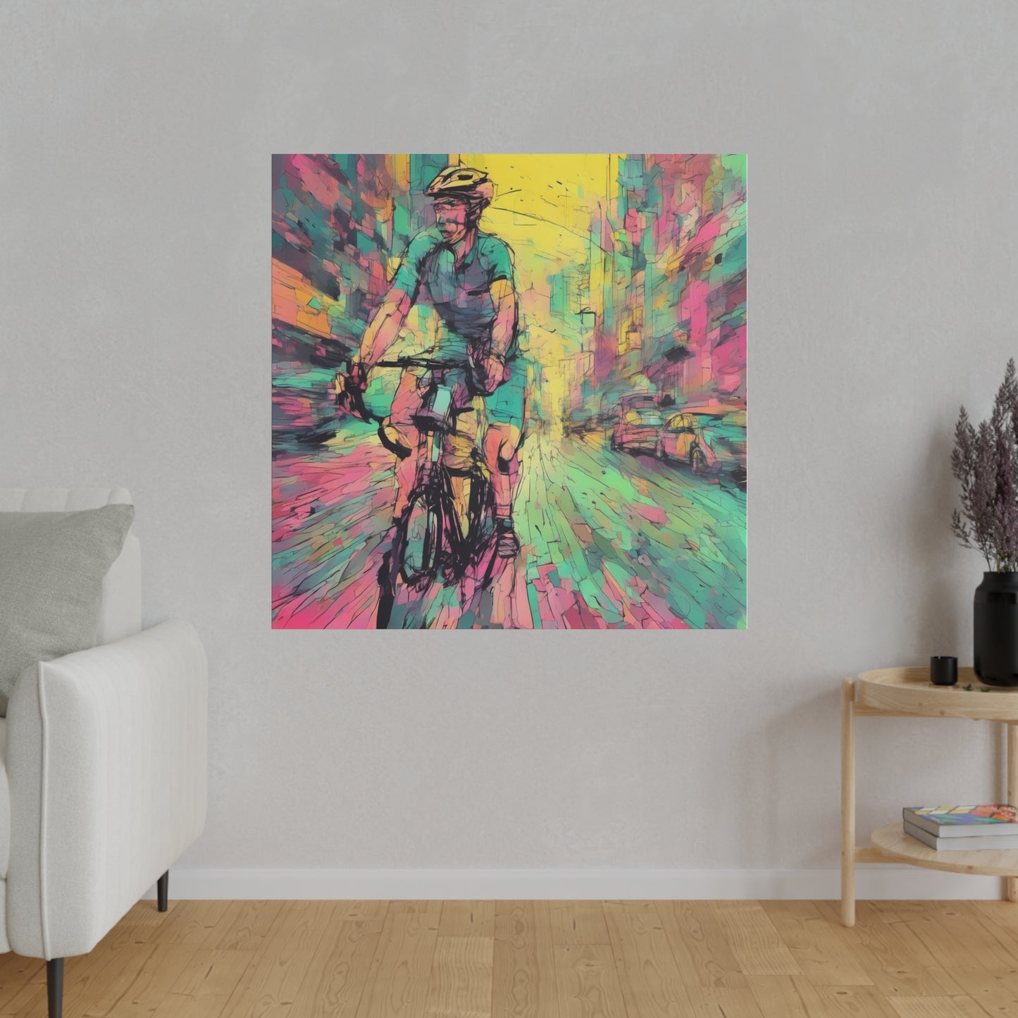 Man on bicycle in city Matte Canvas, Stretched, 0.75" - Various Sizes