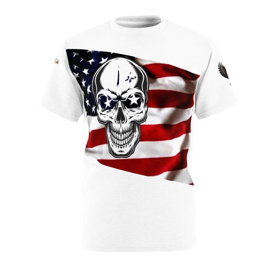 USA Flag with Skull and Protos Logo Unisex Cut & Sew Tee (AOP)