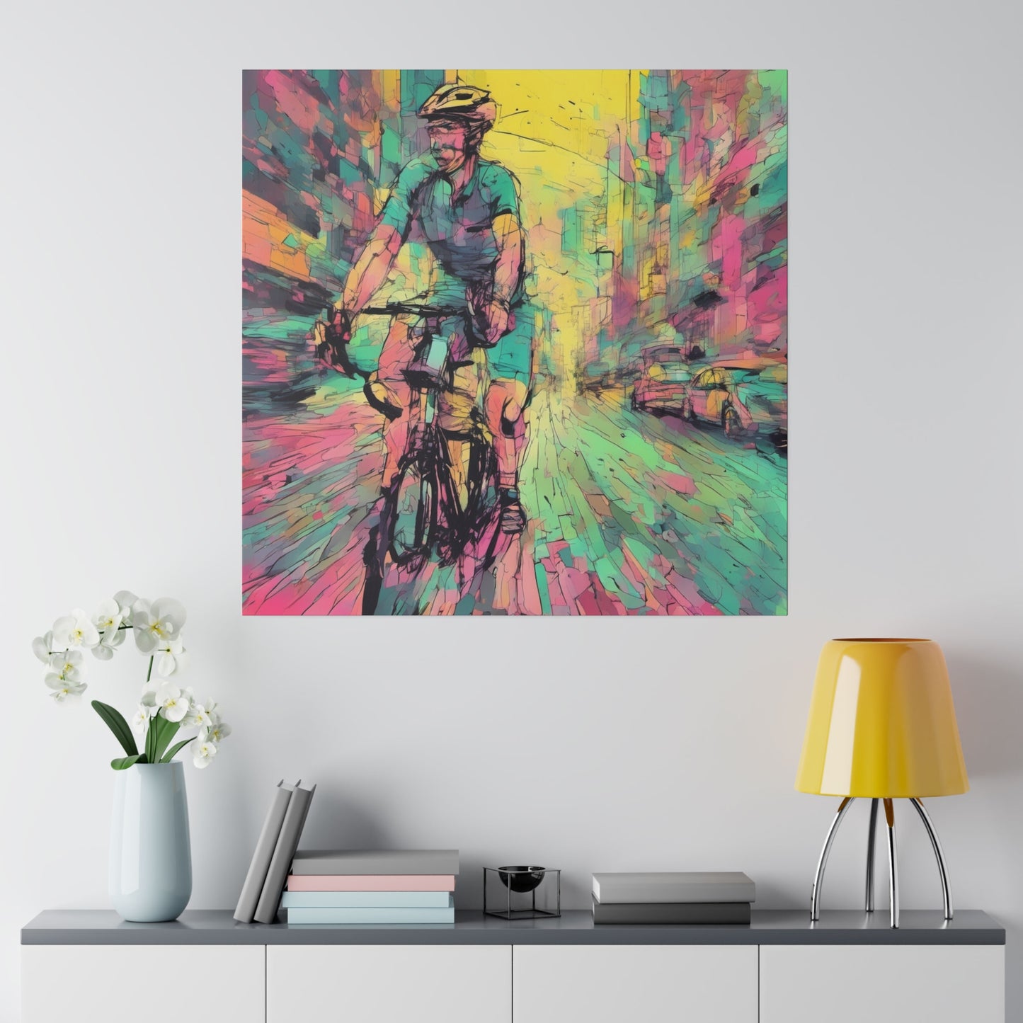 Man on bicycle in city Matte Canvas, Stretched, 0.75" - Various Sizes