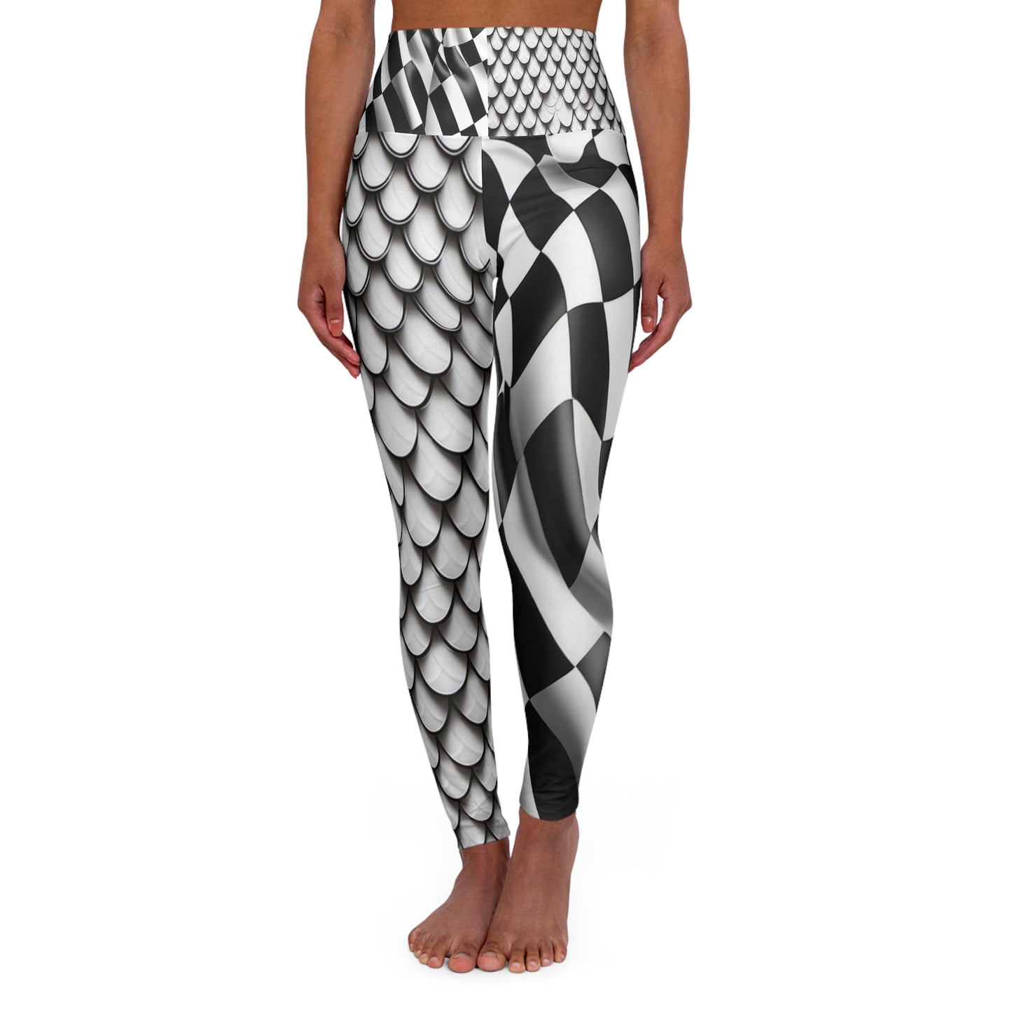 Checkered flag and white fish Scale High Waisted Yoga Leggings (AOP)