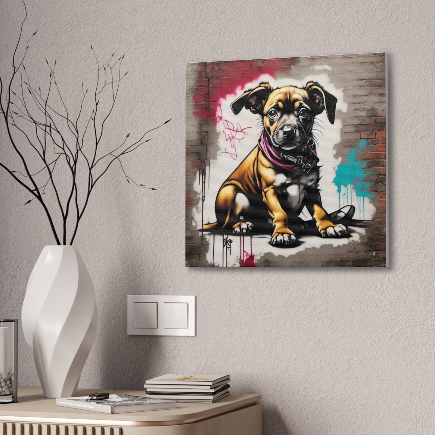 Dog, Sitting with Red and Teal Canvas Stretched, 0.75" - Various Sizes