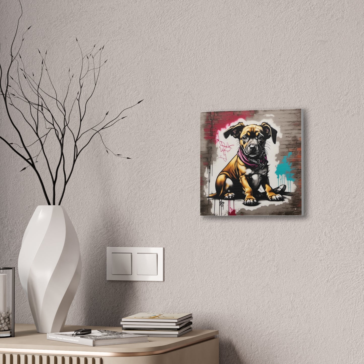 Dog, Sitting with Red and Teal Canvas Stretched, 0.75" - Various Sizes