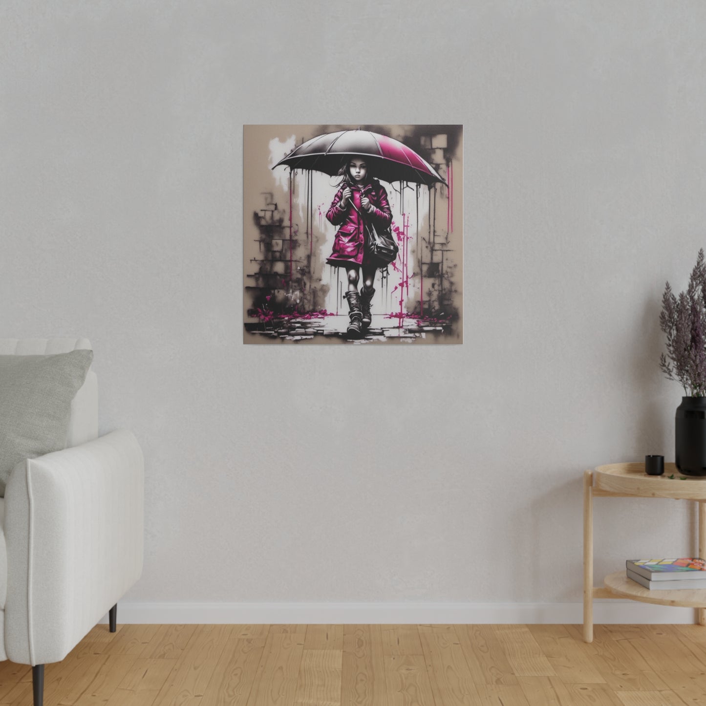 Girl in Pink with Umbrella Matte Canvas, Stretched, 0.75" - Various Sizes