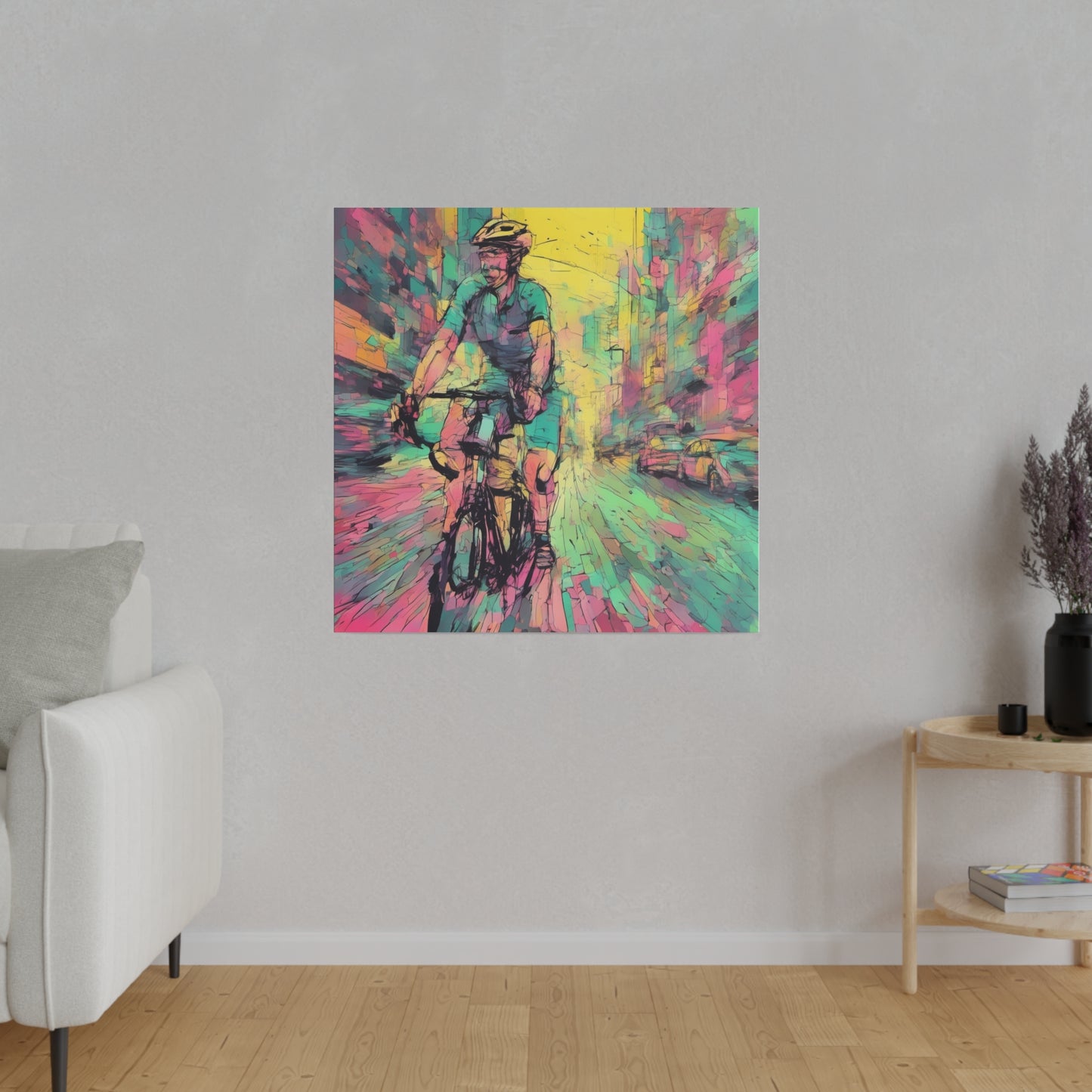 Man on bicycle in city Matte Canvas, Stretched, 0.75" - Various Sizes