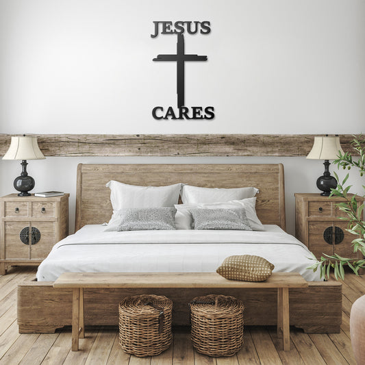 Jesus Cares Cross Metal Sign